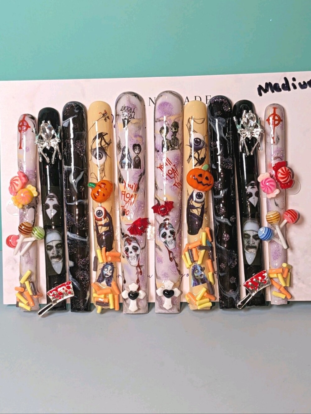 Hand Crafted Halloween 6Xl Press-On Nails - Black, Cream, Purple, Orange Accents